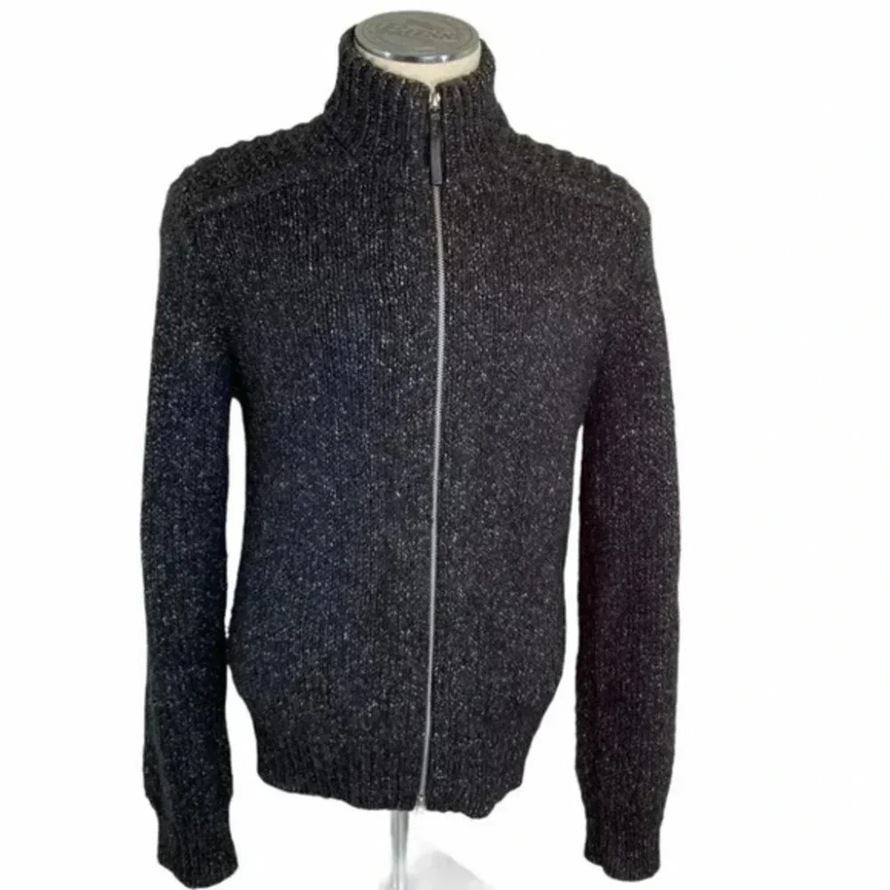 Calvin Klein Jeans Full Zip Sweater Small Gray Marled Wool Blend Mock Neck Mock‎